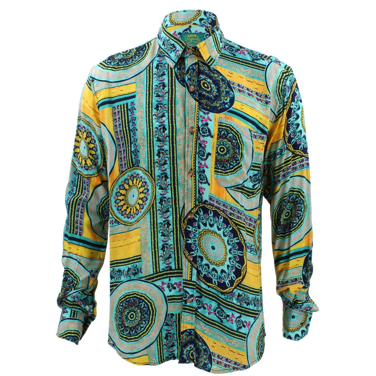 Tailored Fit Long Sleeve Shirt - Yellow Grey & Blue Abstract