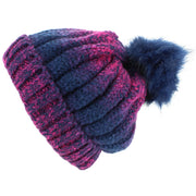 Colour Fade Bobble Beanie Hat with Faux Fur Pom - Navy