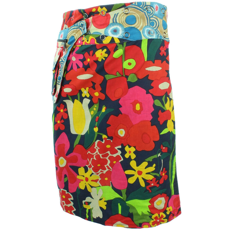 Reversible Popper Wrap Knee Length Skirt - Abstract Floral / Swirls & Spheres