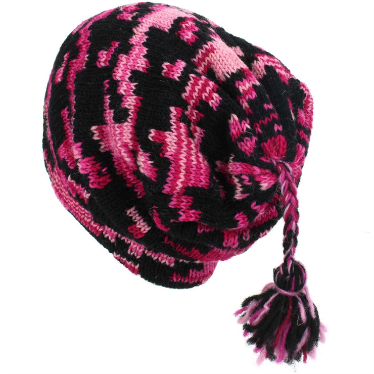Wool Knit Tassel Beanie Hat - Pink Houndstooth