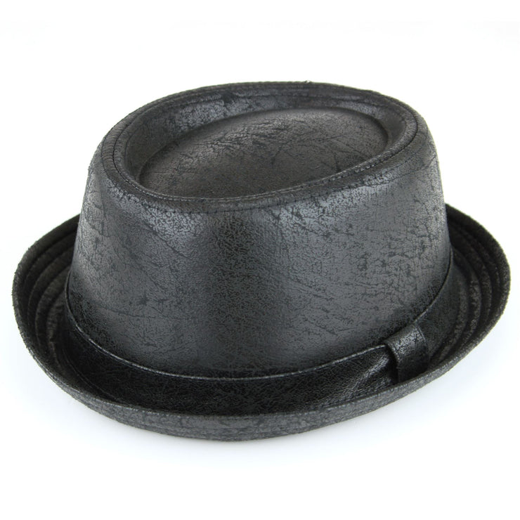 Distressed Leather Effect Pork Pie Hat - Black