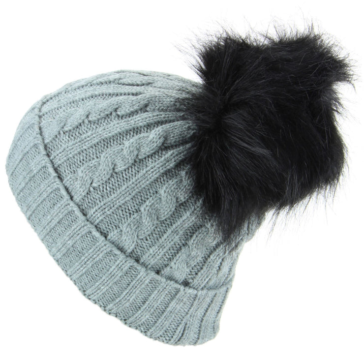 Cable Knit Beanie Hat with Faux Fur Bobble - Light Grey