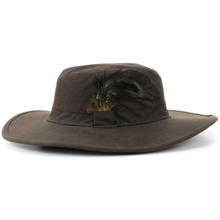 Wide Brim Outback Style Wax Cotton Bush Hat with Feather - Brown