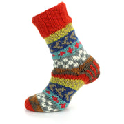 Hand Knitted Wool Slipper Socks Lined - Chevron Orange