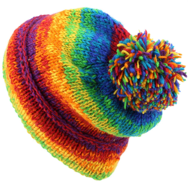 Chunky Wool Knit Baggy Slouch Beanie Bobble Hat - Rainbow