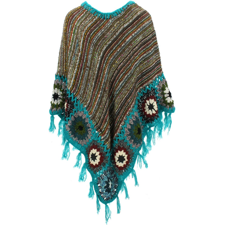 Granny Squares Crochet Poncho Long - Brown Multi/Turquoise