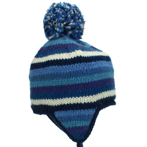 Bonnet à pompon en tricot de laine avec oreillettes - rayure bleu blanc