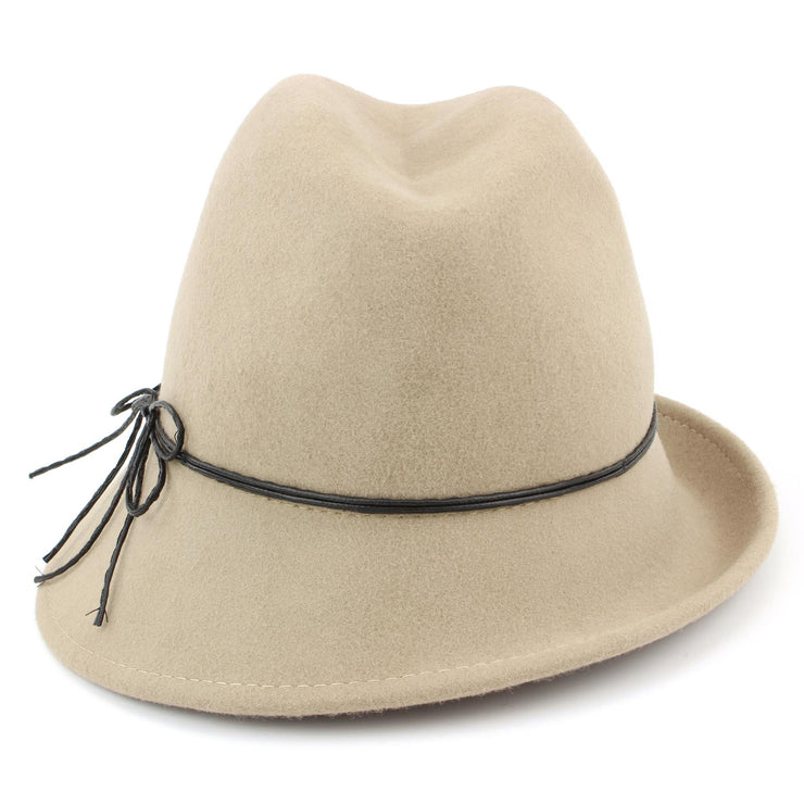 100% Wool felt asymmetric brim trilby hat with cord band - Beige (57cm)