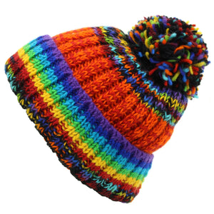 Bonnet pompon en laine tricoté à la main - sd noir arc-en-ciel orange