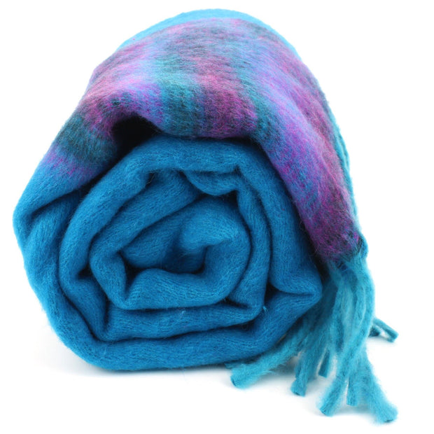 Tibetan Wool Blend Shawl Blanket - Blue with Purple Reverse