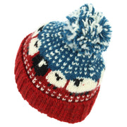 Hand Knitted Wool Beanie Bobble Hat - Sheep - Red Blue