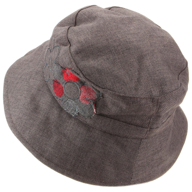 Ladies Bucket Hat with Embroidered Flower Design - Dark Grey