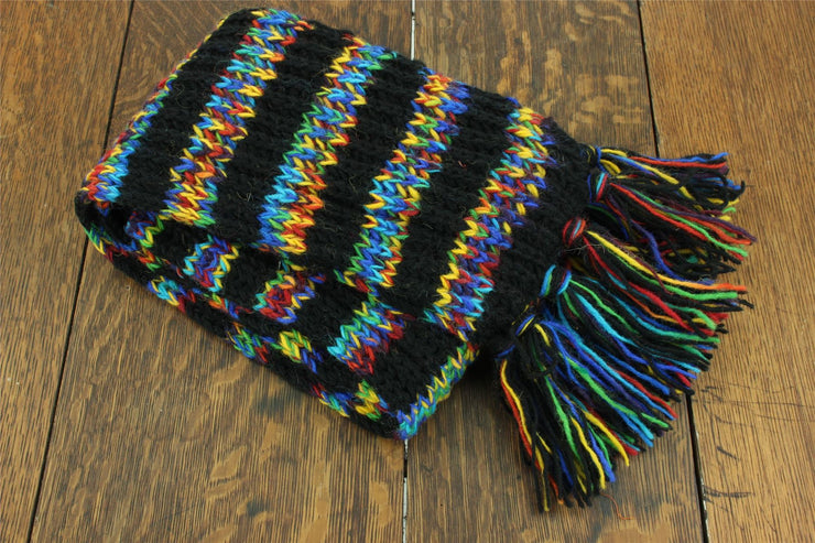 Hand Knitted Wool Scarf - Stripe Black Rainbow SD
