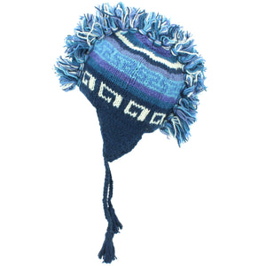 Wollgestrickte „Punk“-Mohawk-Mütze mit Ohrenklappen – Blau und Weiß