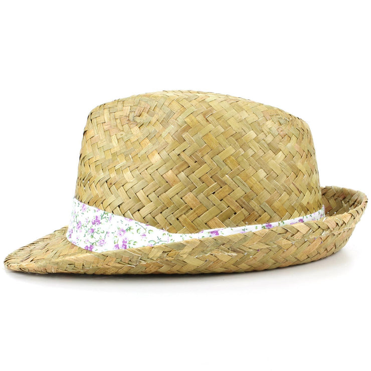 Straw Trilby Fedora Hat with Floral Print Band - Purple