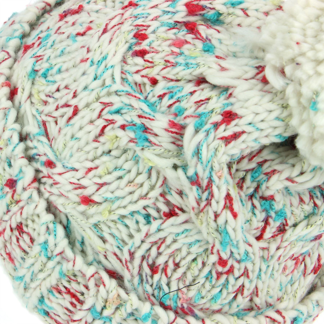 Chunky Knit Colourful Fleck Bobble Beanie Hat - White