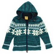 Hand Knitted Wool Hooded Jacket Cardigan Ladies Cut - Fairisle Teal