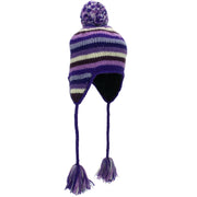 Wool Knit Earflap Bobble Hat - Stripe Purples