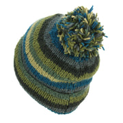 Chunky Wool Knit Beanie Bobble Hat - Stripe Green Blue