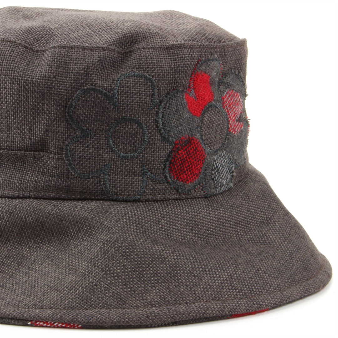 Ladies Bucket Hat with Embroidered Flower Design - Dark Grey