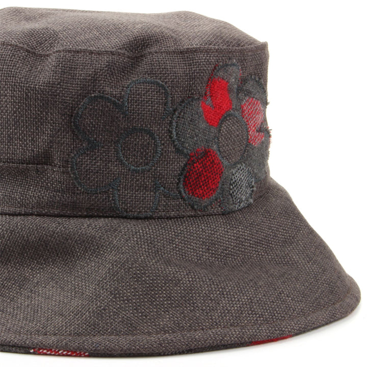 Ladies Bucket Hat with Embroidered Flower Design - Dark Grey
