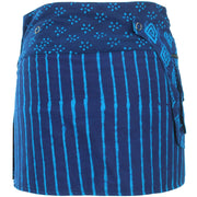 Reversible Popper Wrap Mini Skirt - Indigo Patch Strips / Indigo Stripe