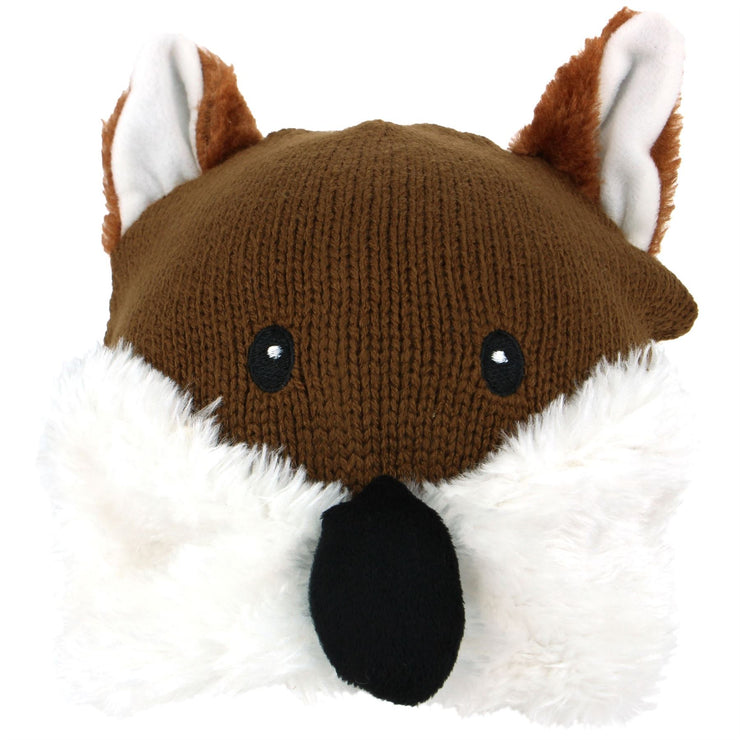 Fine Knit Animal Beanie Hat with Faux Fur Details - Fox
