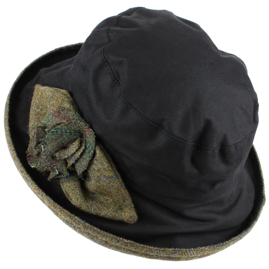 Ladies Waterproof Wax Cloche Hat with Tweed Rose and Brim - Black (Dark Green Tweed)