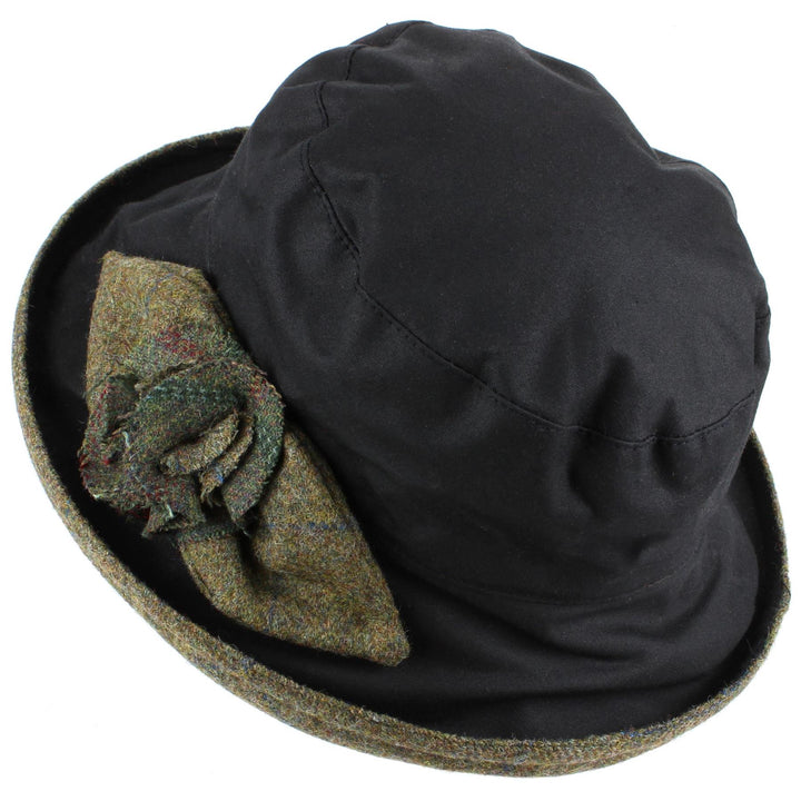 Ladies Waterproof Wax Cloche Hat with Tweed Rose and Brim - Black (Dark Green Tweed)