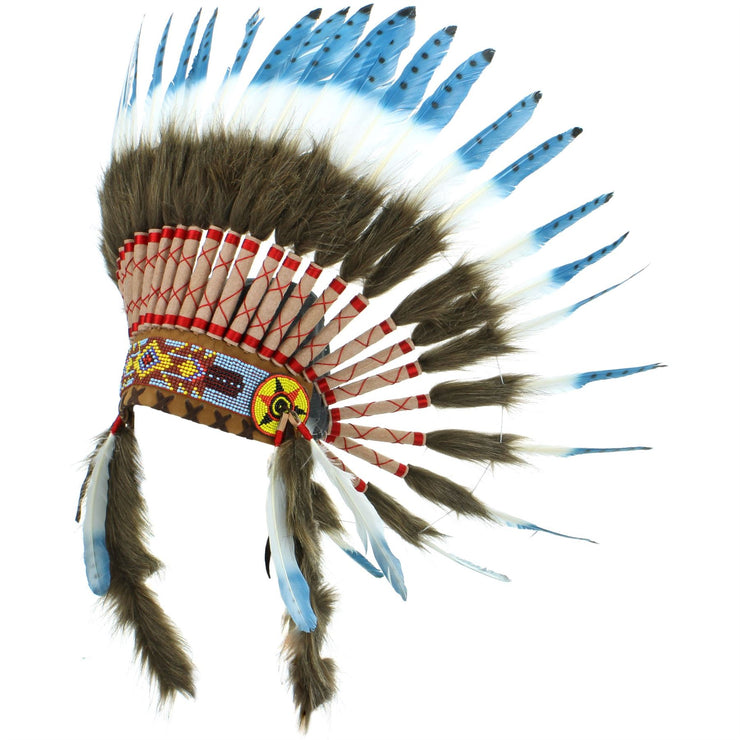 Native Amercian Chief Headdress - Blue with Black Spots (Brown Fur)
