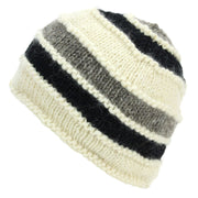 Hand Knitted Wool Beanie Hat - Stripe Cream Black