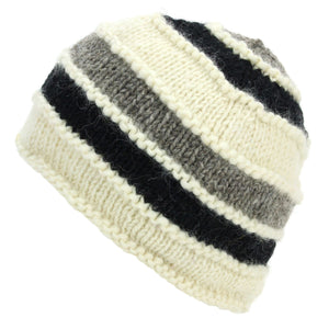 Bonnet en laine tricoté à la main - rayure crème noir