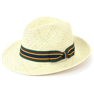 Bred skygget panama fedora hat i strå - grøn & marineblå