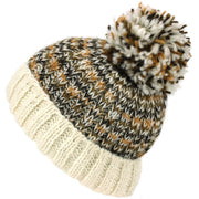 Wool Knit Beanie Bobble Hat - Cream Browns