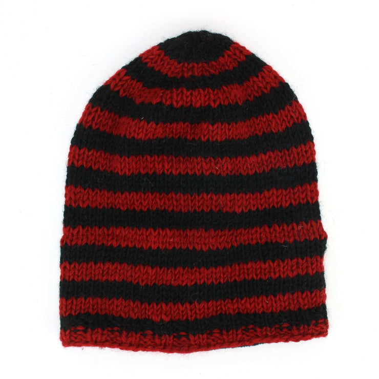 Wool Knit Baggy Slouch Beanie Hat - Stripe Red Black