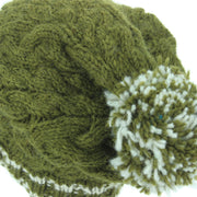 Chunky Wool Cable Knit Big Baggy Slouch Beanie Bobble Hat with Striped Brim - Green
