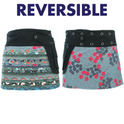 Reversible Popper Wrap Mini Skirt - Grey Patch Strips / Spiral Garden