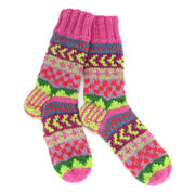 Hand Knitted Wool Slipper Socks Lined - Chevron Pink