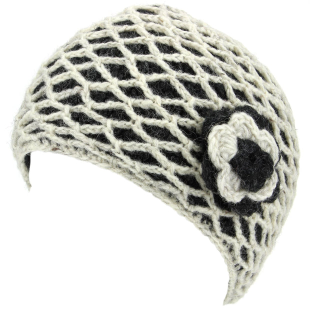Ladies Wool Knit Crochet Lattice Beanie Hat with Flower - Off White