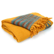 Tibetan Wool Blend Shawl Blanket - Mustard with Blue & Orange Reverse
