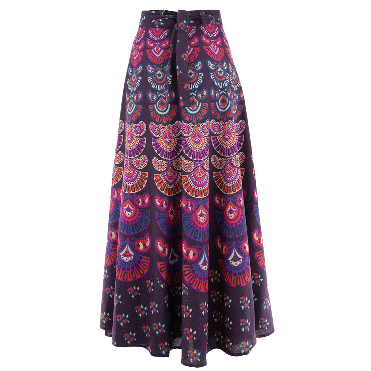Long Maxi Wrap Skirt with Block Print Mandala - Purple & Blue