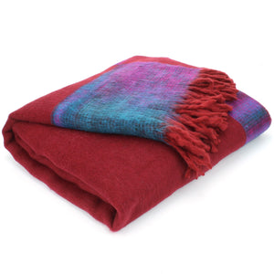 Couverture châle en mélange de laine tibétaine - Rouge avec revers violet