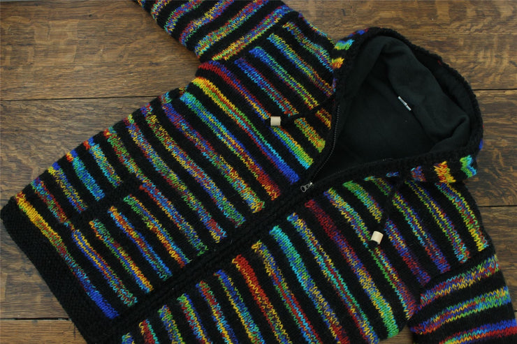 Hand Knitted Wool Hooded Jacket Cardigan - Stripe Black Rainbow SD