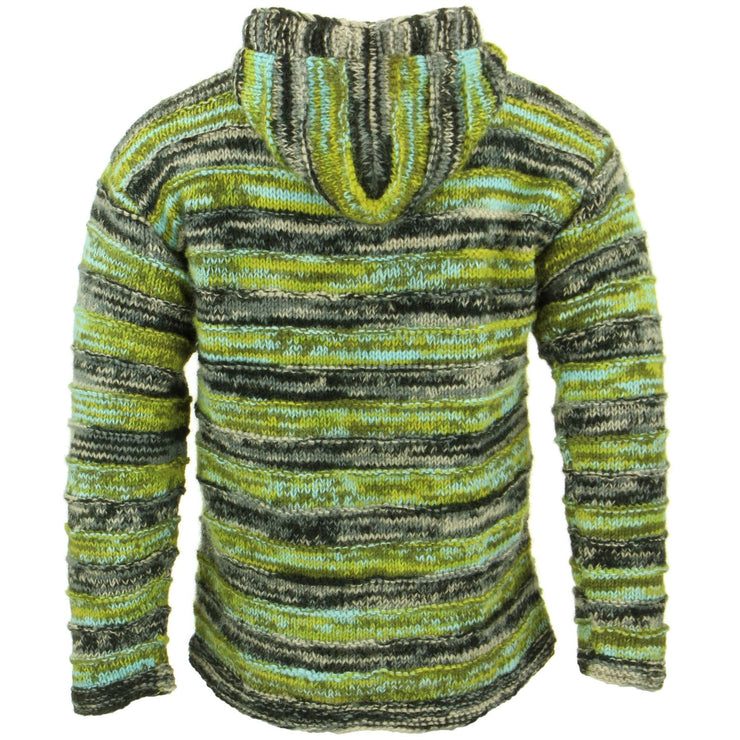 Space Dye Chunky Wool Knit Ribbed Hooded Cardigan Jacket - Green