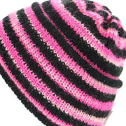 Wool Knit Ridge Beanie Hat with Fleece Lining - Black & Pink Space Dye