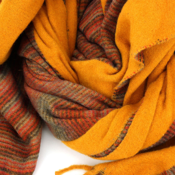 Tibetan Wool Blend Shawl Blanket - Mustard with Red & Grey Reverse