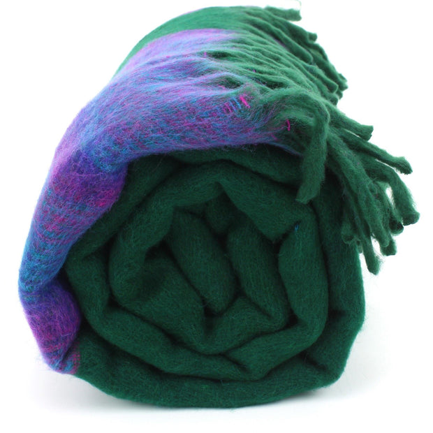 Tibetan Wool Blend Shawl Blanket - Green with Purple Reverse