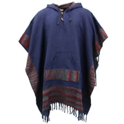Soft Vegan Wool Hooded Tibet Poncho - Navy & Red Grey