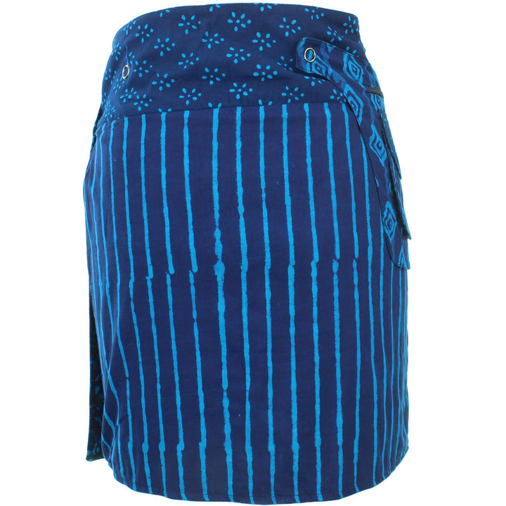 Reversible Popper Wrap Knee Length Skirt - Indigo Patch Strips / Indigo Stripe