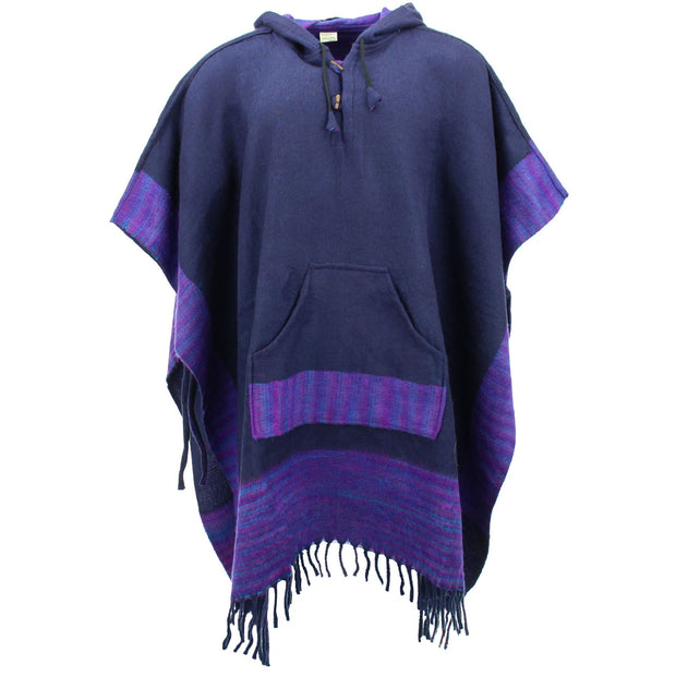 Soft Vegan Wool Hooded Tibet Poncho - Navy & Purple